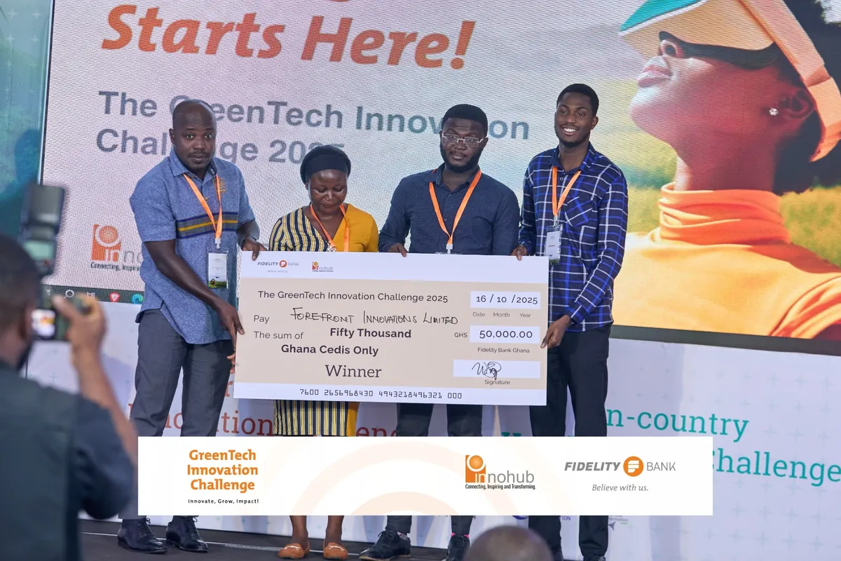 The Forefront Innovations team on stage holding the winner's cheque at the GreenTech Innovation Challenge 2025
