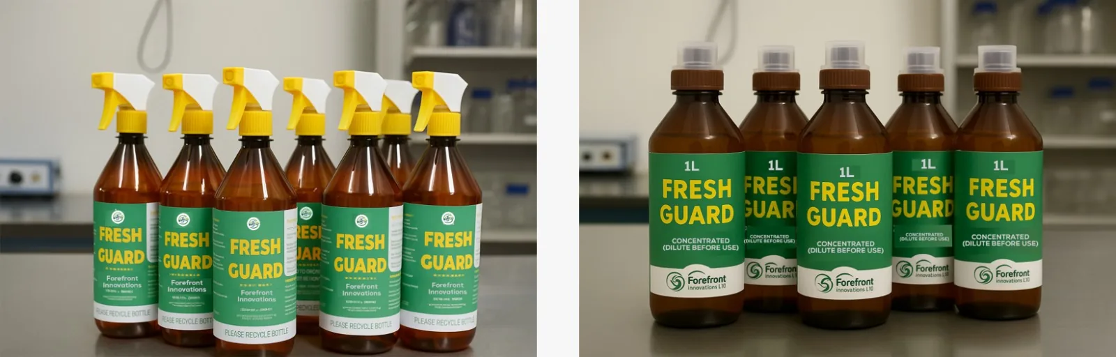 FreshGuard bottles on a laboratory bench: spray bottles with yellow triggers and 1 litre concentrate bottles